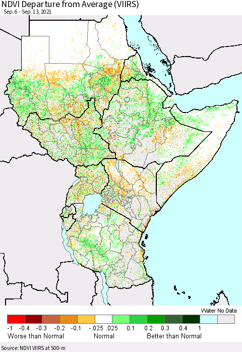 Eastern Africa NDVI Departure from Average (VIIRS) Thematic Map For 9/6/2021 - 9/13/2021