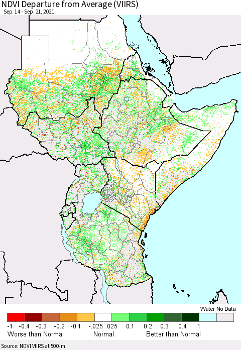 Eastern Africa NDVI Departure from Average (VIIRS) Thematic Map For 9/14/2021 - 9/21/2021