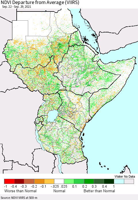 Eastern Africa NDVI Departure from Average (VIIRS) Thematic Map For 9/22/2021 - 9/29/2021