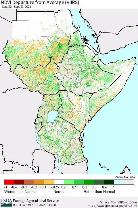 Eastern Africa NDVI Departure from Average (VIIRS) Thematic Map For 9/21/2021 - 9/30/2021