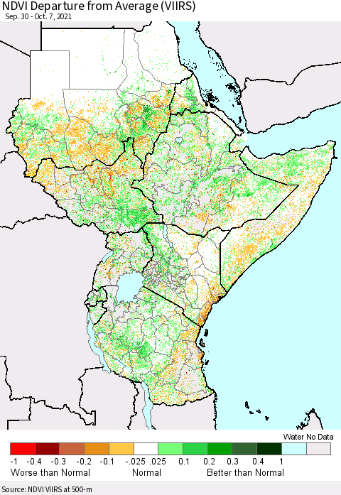 Eastern Africa NDVI Departure from Average (VIIRS) Thematic Map For 9/30/2021 - 10/7/2021