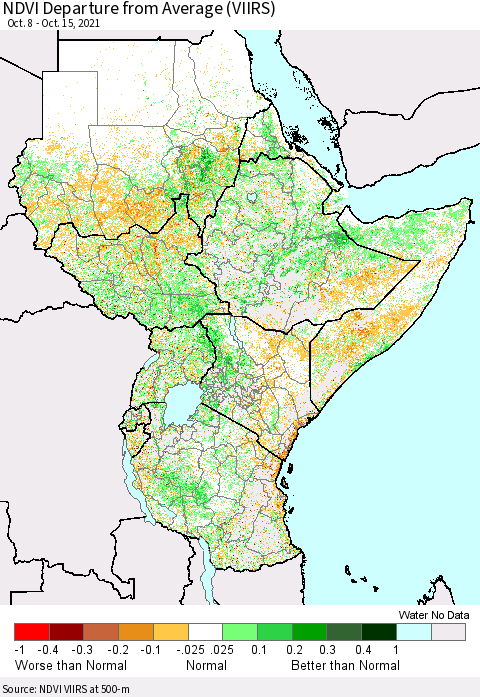 Eastern Africa NDVI Departure from Average (VIIRS) Thematic Map For 10/8/2021 - 10/15/2021