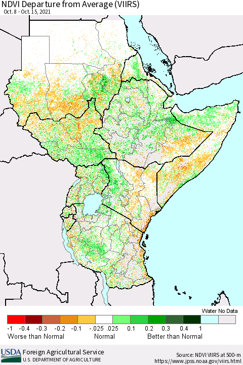Eastern Africa NDVI Departure from Average (VIIRS) Thematic Map For 10/11/2021 - 10/20/2021