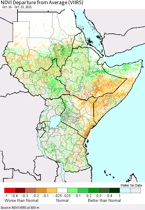 Eastern Africa NDVI Departure from Average (VIIRS) Thematic Map For 10/16/2021 - 10/23/2021