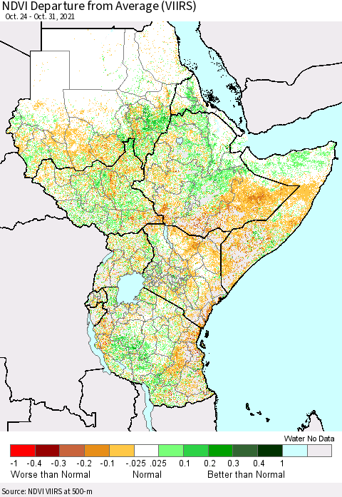 Eastern Africa NDVI Departure from Average (VIIRS) Thematic Map For 10/21/2021 - 10/31/2021