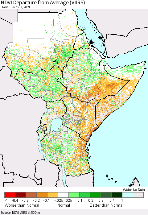 Eastern Africa NDVI Departure from Average (VIIRS) Thematic Map For 11/1/2021 - 11/8/2021