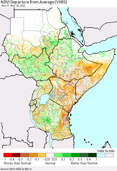 Eastern Africa NDVI Departure from Average (VIIRS) Thematic Map For 11/9/2021 - 11/16/2021