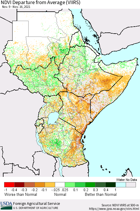Eastern Africa NDVI Departure from Average (VIIRS) Thematic Map For 11/11/2021 - 11/20/2021