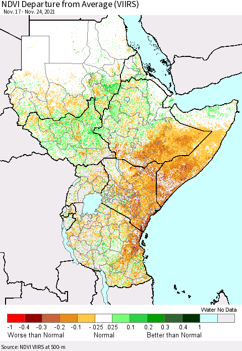Eastern Africa NDVI Departure from Average (VIIRS) Thematic Map For 11/17/2021 - 11/24/2021