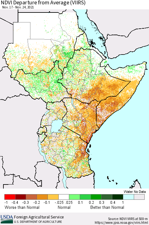 Eastern Africa NDVI Departure from Average (VIIRS) Thematic Map For 11/21/2021 - 11/30/2021