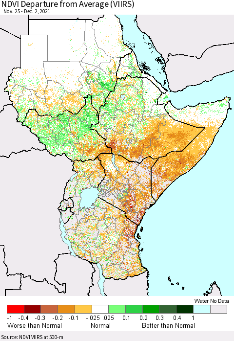 Eastern Africa NDVI Departure from Average (VIIRS) Thematic Map For 11/25/2021 - 12/2/2021