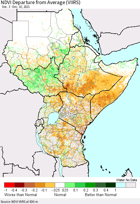 Eastern Africa NDVI Departure from Average (VIIRS) Thematic Map For 12/1/2021 - 12/10/2021