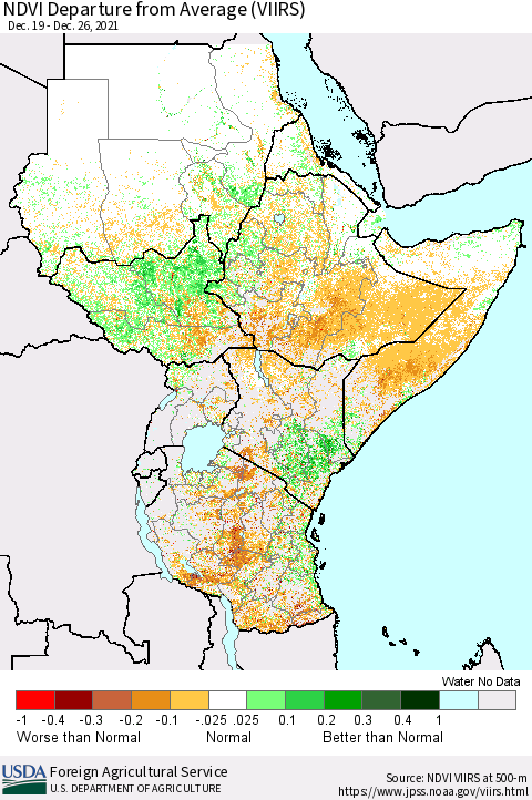 Eastern Africa NDVI Departure from Average (VIIRS) Thematic Map For 12/21/2021 - 12/31/2021