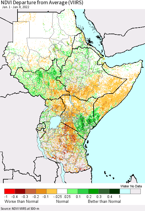 Eastern Africa NDVI Departure from Average (VIIRS) Thematic Map For 1/1/2022 - 1/8/2022