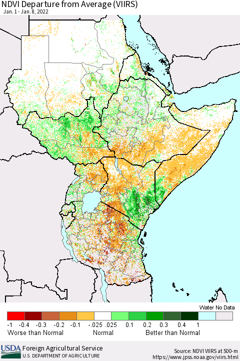 Eastern Africa NDVI Departure from Average (VIIRS) Thematic Map For 1/1/2022 - 1/10/2022