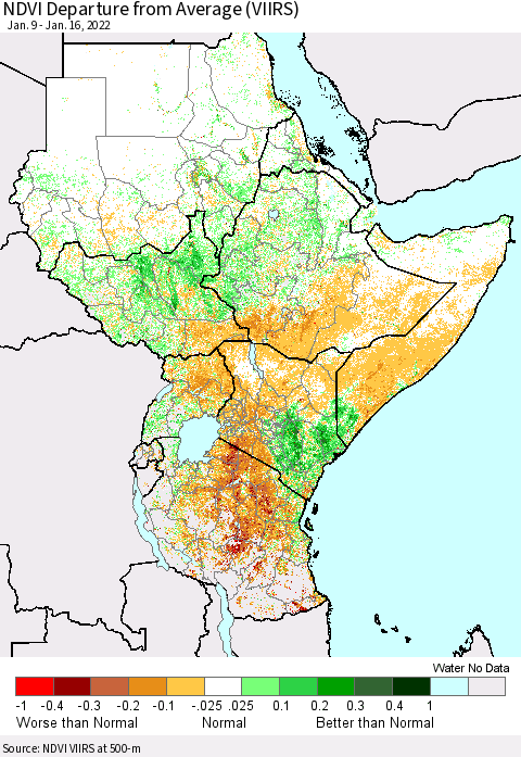Eastern Africa NDVI Departure from Average (VIIRS) Thematic Map For 1/9/2022 - 1/16/2022