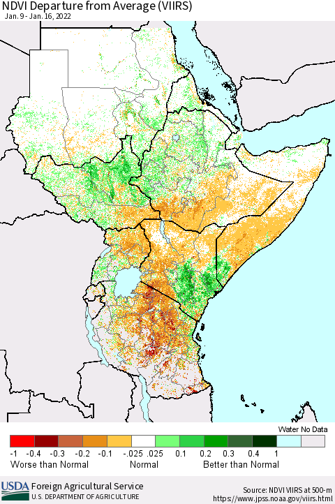 Eastern Africa NDVI Departure from Average (VIIRS) Thematic Map For 1/11/2022 - 1/20/2022
