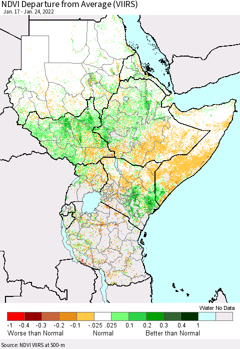Eastern Africa NDVI Departure from Average (VIIRS) Thematic Map For 1/17/2022 - 1/24/2022
