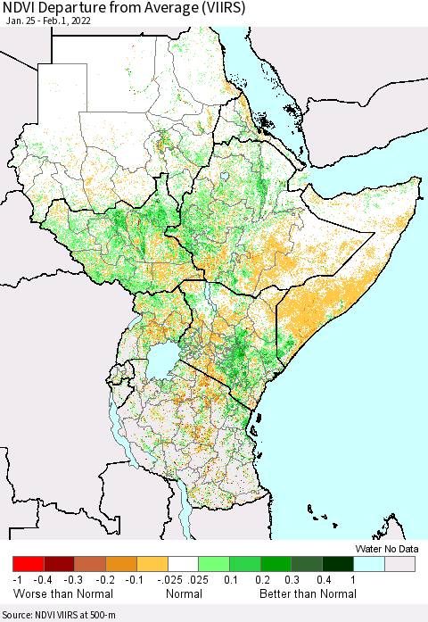 Eastern Africa NDVI Departure from Average (VIIRS) Thematic Map For 1/25/2022 - 2/1/2022