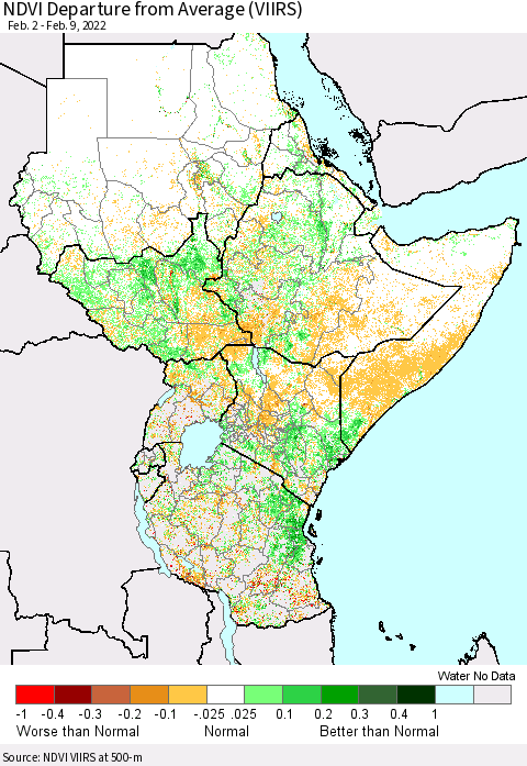Eastern Africa NDVI Departure from Average (VIIRS) Thematic Map For 2/2/2022 - 2/9/2022