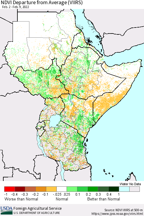 Eastern Africa NDVI Departure from Average (VIIRS) Thematic Map For 2/1/2022 - 2/10/2022