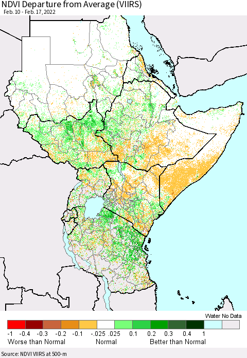 Eastern Africa NDVI Departure from Average (VIIRS) Thematic Map For 2/10/2022 - 2/17/2022