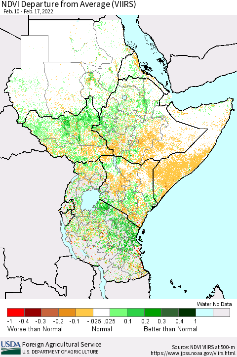 Eastern Africa NDVI Departure from Average (VIIRS) Thematic Map For 2/11/2022 - 2/20/2022