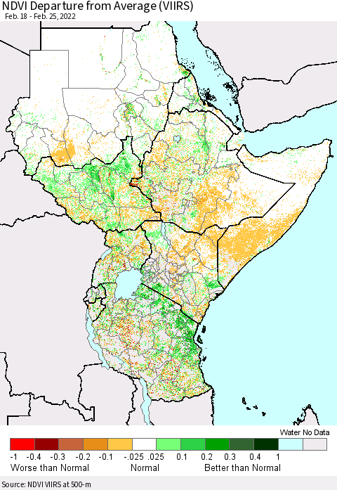 Eastern Africa NDVI Departure from Average (VIIRS) Thematic Map For 2/18/2022 - 2/25/2022