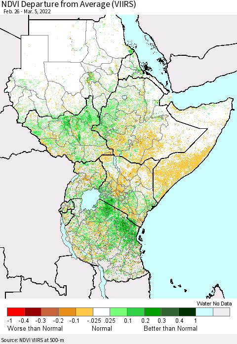 Eastern Africa NDVI Departure from Average (VIIRS) Thematic Map For 2/26/2022 - 3/5/2022