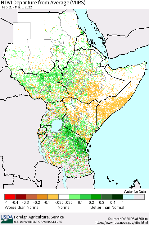 Eastern Africa NDVI Departure from Average (VIIRS) Thematic Map For 3/1/2022 - 3/10/2022