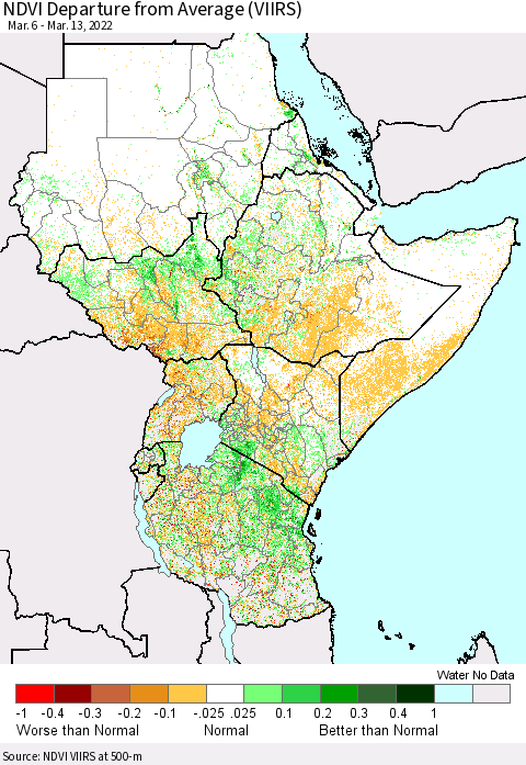 Eastern Africa NDVI Departure from Average (VIIRS) Thematic Map For 3/6/2022 - 3/13/2022