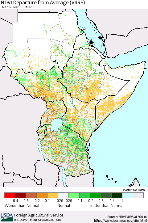 Eastern Africa NDVI Departure from Average (VIIRS) Thematic Map For 3/11/2022 - 3/20/2022