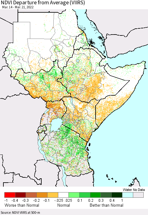 Eastern Africa NDVI Departure from Average (VIIRS) Thematic Map For 3/14/2022 - 3/21/2022