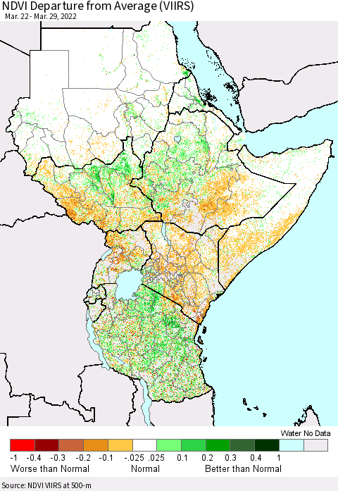 Eastern Africa NDVI Departure from Average (VIIRS) Thematic Map For 3/22/2022 - 3/29/2022