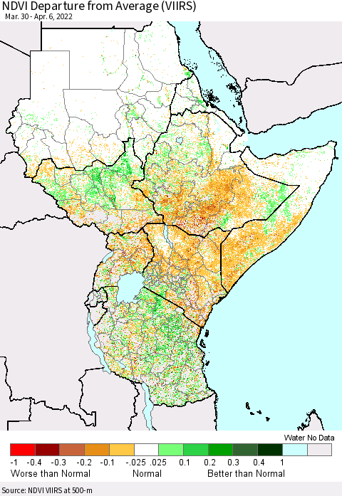 Eastern Africa NDVI Departure from Average (VIIRS) Thematic Map For 3/30/2022 - 4/6/2022