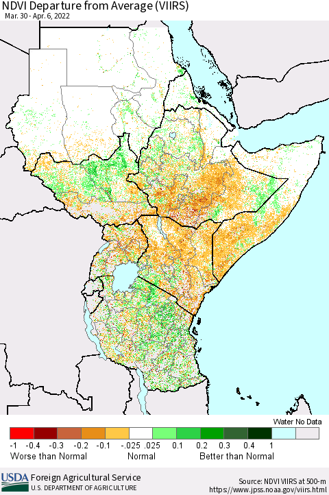 Eastern Africa NDVI Departure from Average (VIIRS) Thematic Map For 4/1/2022 - 4/10/2022