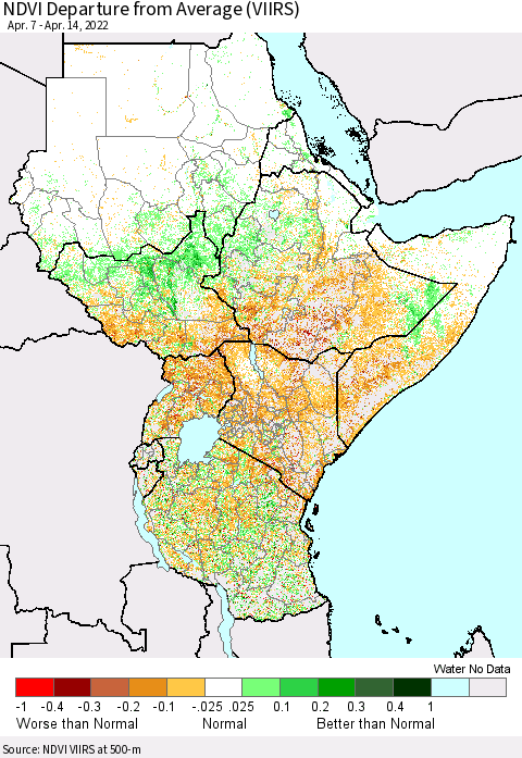 Eastern Africa NDVI Departure from Average (VIIRS) Thematic Map For 4/7/2022 - 4/14/2022