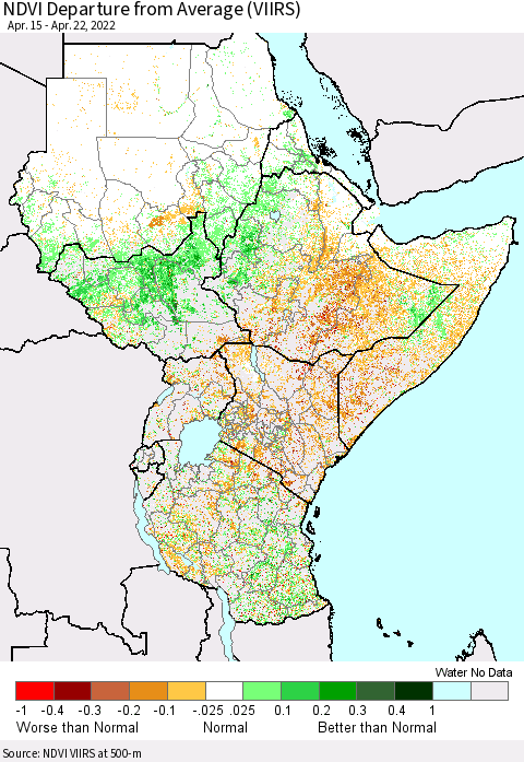 Eastern Africa NDVI Departure from Average (VIIRS) Thematic Map For 4/15/2022 - 4/22/2022