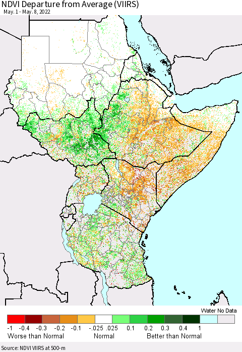 Eastern Africa NDVI Departure from Average (VIIRS) Thematic Map For 5/1/2022 - 5/8/2022