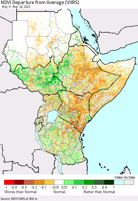 Eastern Africa NDVI Departure from Average (VIIRS) Thematic Map For 5/9/2022 - 5/16/2022