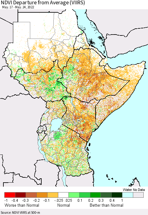 Eastern Africa NDVI Departure from Average (VIIRS) Thematic Map For 5/17/2022 - 5/24/2022