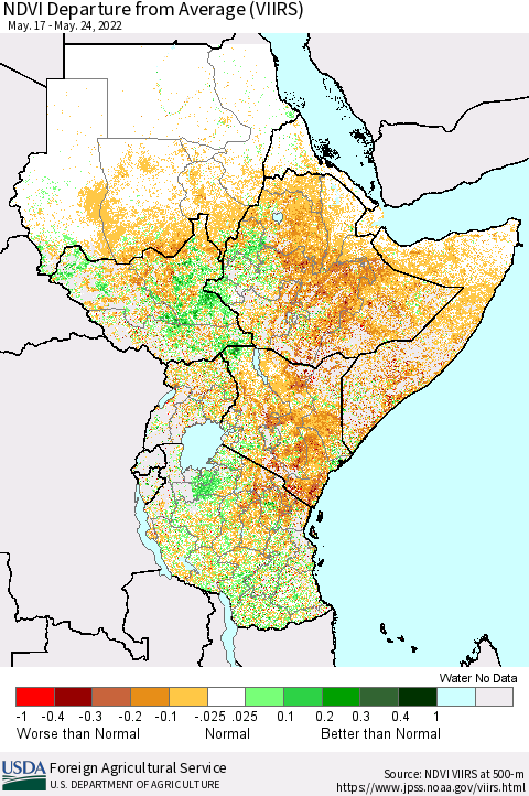 Eastern Africa NDVI Departure from Average (VIIRS) Thematic Map For 5/21/2022 - 5/31/2022