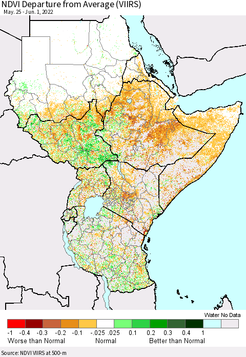 Eastern Africa NDVI Departure from Average (VIIRS) Thematic Map For 5/25/2022 - 6/1/2022