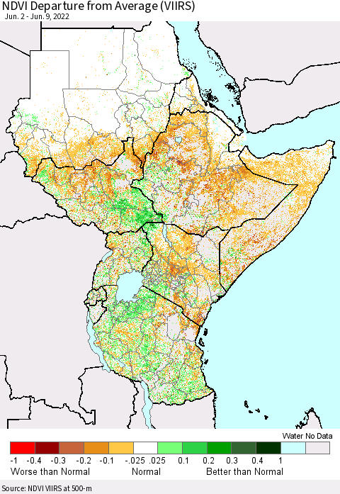 Eastern Africa NDVI Departure from Average (VIIRS) Thematic Map For 6/2/2022 - 6/9/2022