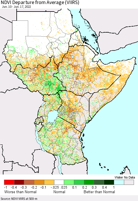 Eastern Africa NDVI Departure from Average (VIIRS) Thematic Map For 6/10/2022 - 6/17/2022