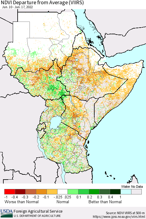 Eastern Africa NDVI Departure from Average (VIIRS) Thematic Map For 6/11/2022 - 6/20/2022