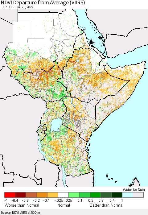 Eastern Africa NDVI Departure from Average (VIIRS) Thematic Map For 6/18/2022 - 6/25/2022