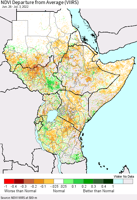 Eastern Africa NDVI Departure from Average (VIIRS) Thematic Map For 6/26/2022 - 7/3/2022