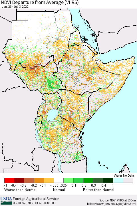 Eastern Africa NDVI Departure from Average (VIIRS) Thematic Map For 7/1/2022 - 7/10/2022