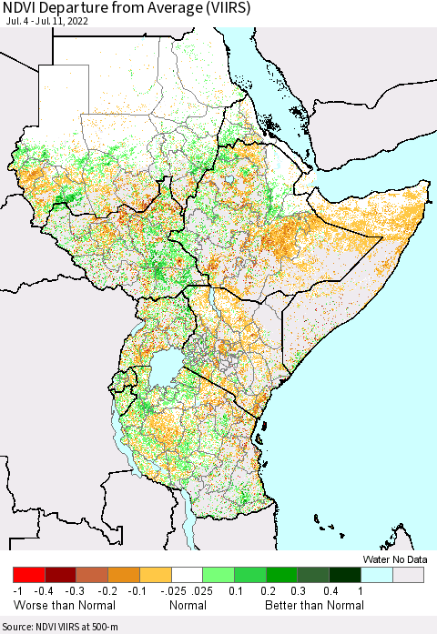 Eastern Africa NDVI Departure from Average (VIIRS) Thematic Map For 7/4/2022 - 7/11/2022